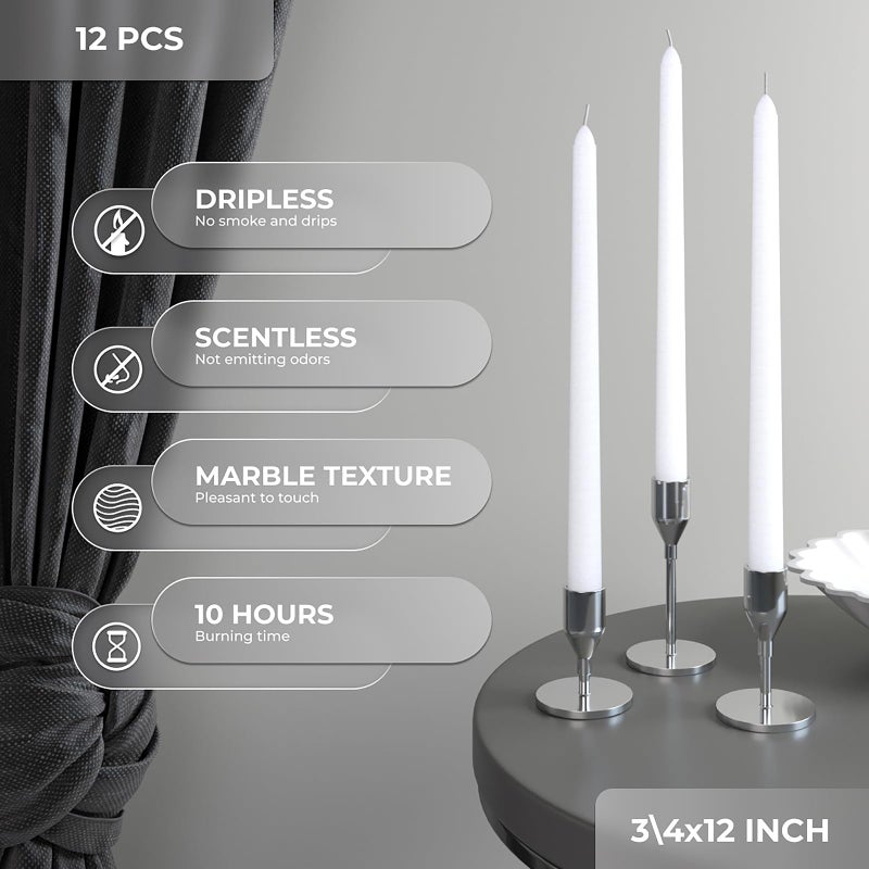 CANDWAX 12 inch White Taper Candles - Set of 12 Candle Sticks Ideal for Christmas Decorations - Dripless Smokeless Long Burning Unscented White Candlesticks - Tapered Christmas Candles for Home Decor - Image 2